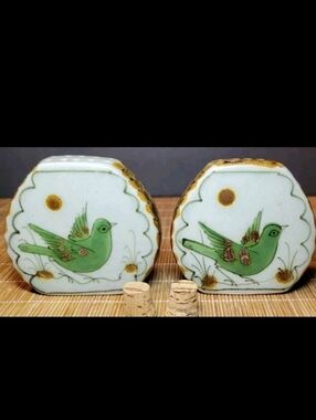 Vintage Green Birds El Palomar Tonala Mexico Pottery Salt & Pepper Set